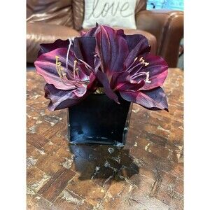 Artificial Amaryllis in Black Glass Vase